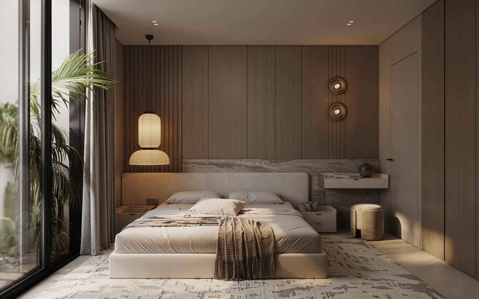 Master bedroom with a stone headboard wall