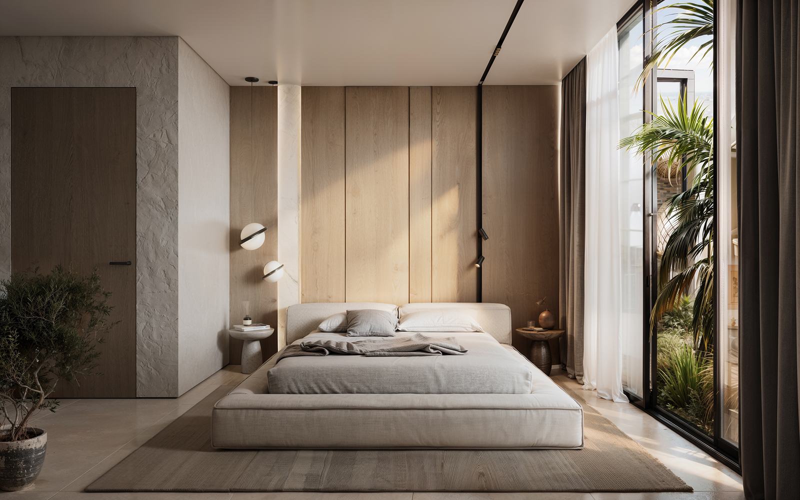 Second bedroom opening to the garden through full-height glass