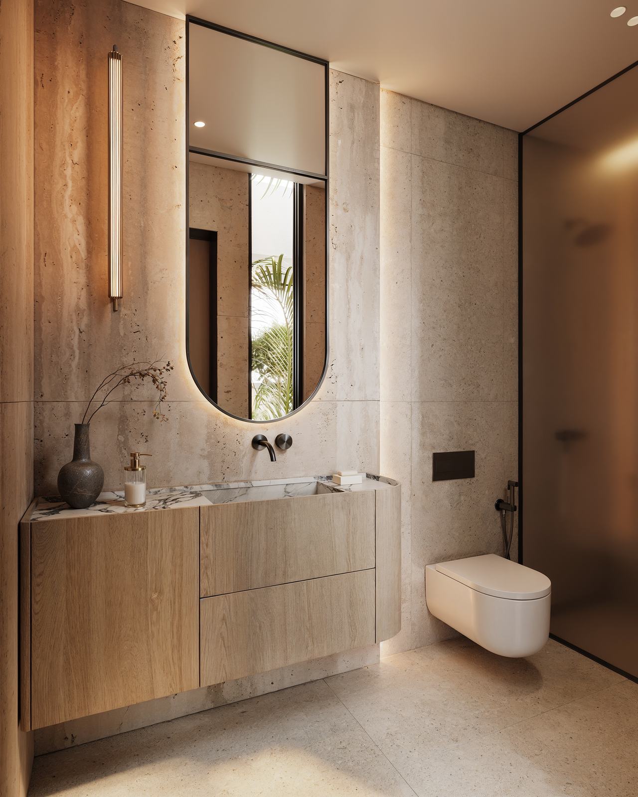 Bathroom in travertine with an oak vanity