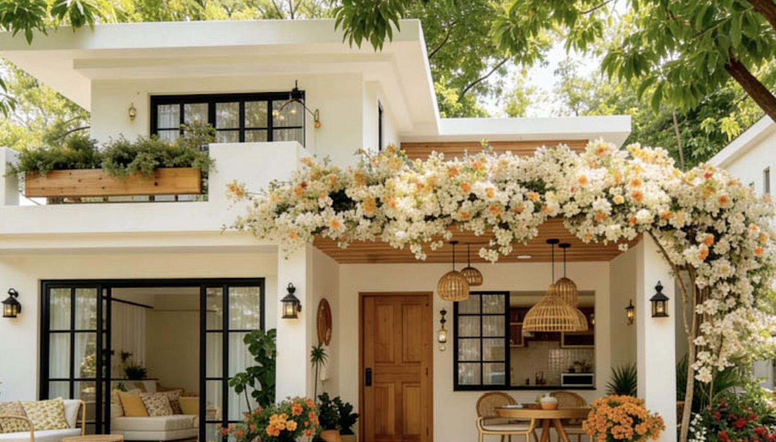 Townhouse entrance under a flowering pergola, garden and terrace