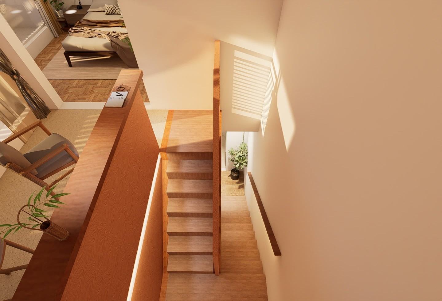 Timber staircase seen from the upper floor