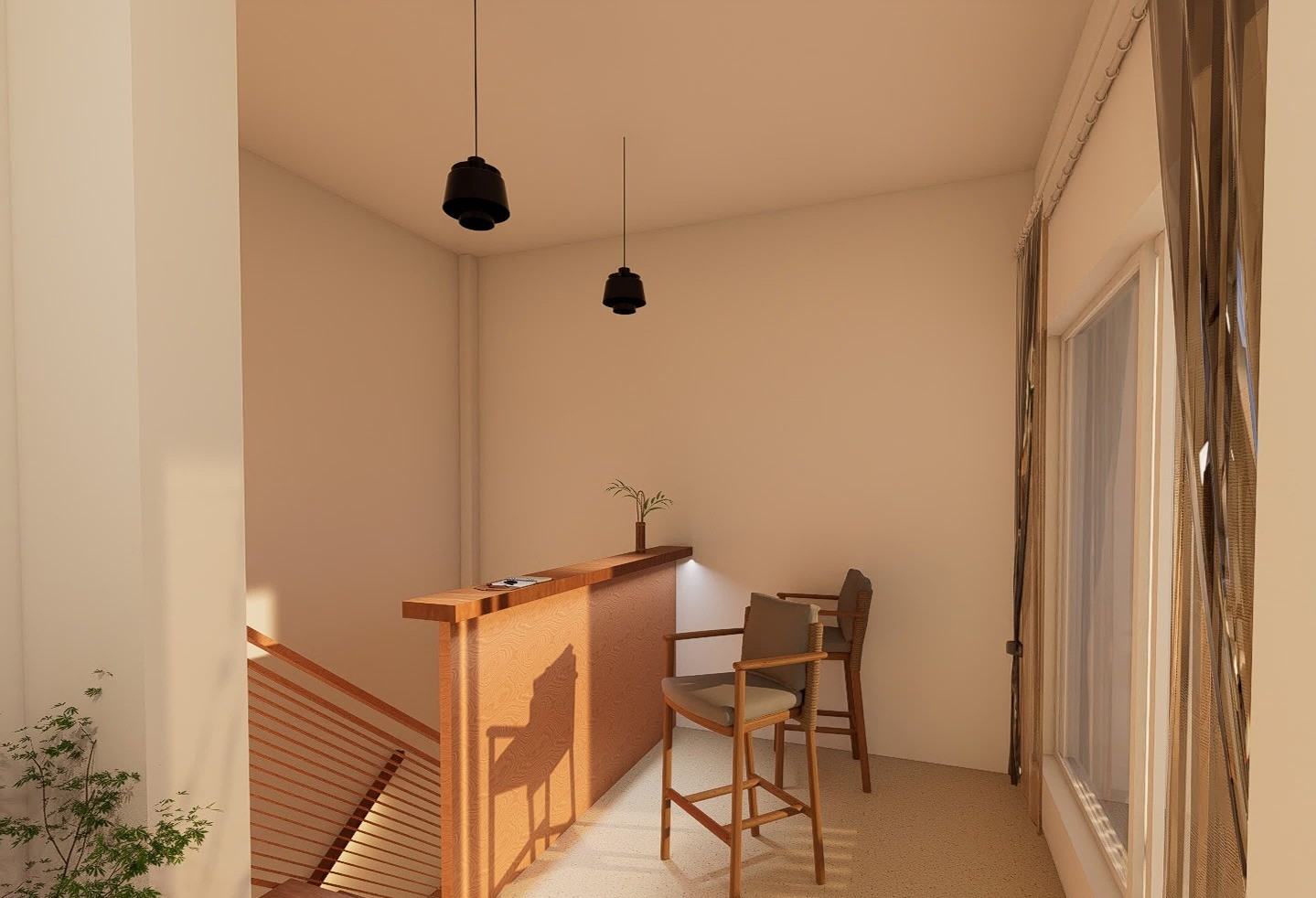 Upstairs sitting corner with a bar counter by the window