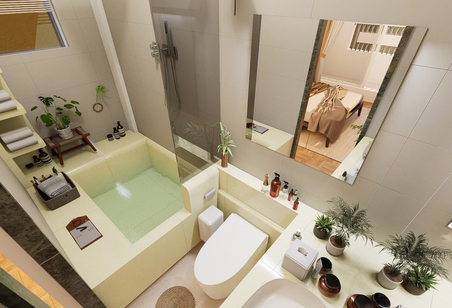 Upstairs bathroom with a sunken bathtub and walk-in shower