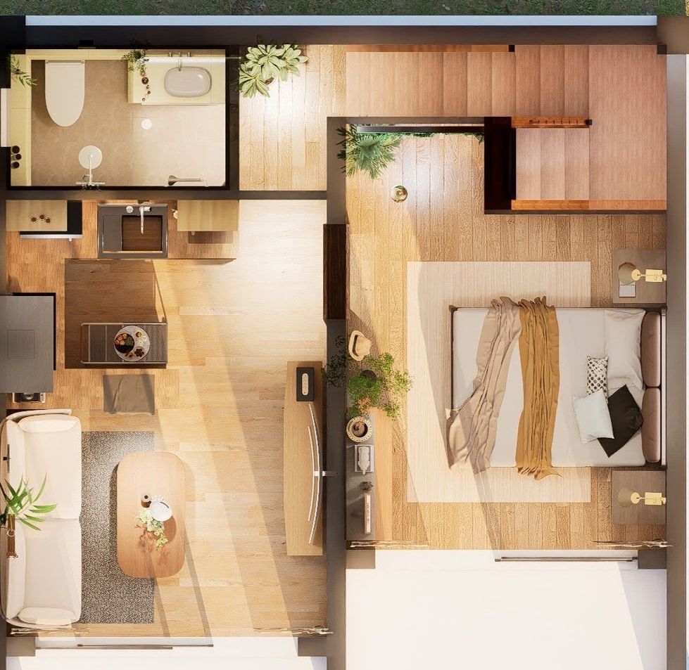 Ground floor layout: living room, kitchen, bedroom and bathroom