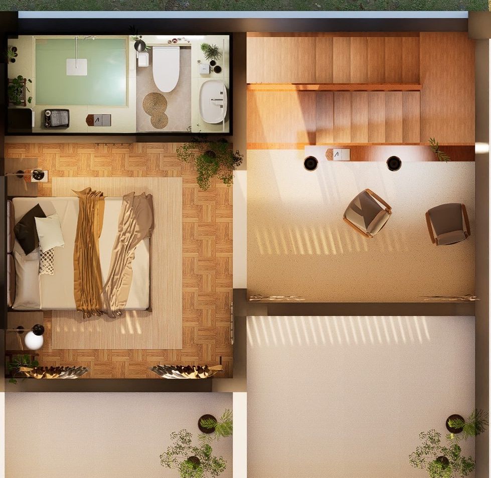 Upper floor layout: bedroom, sitting corner, bathroom and balcony