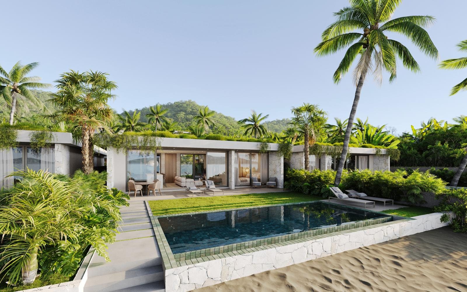 Pool terrace under coconut palms, villa behind