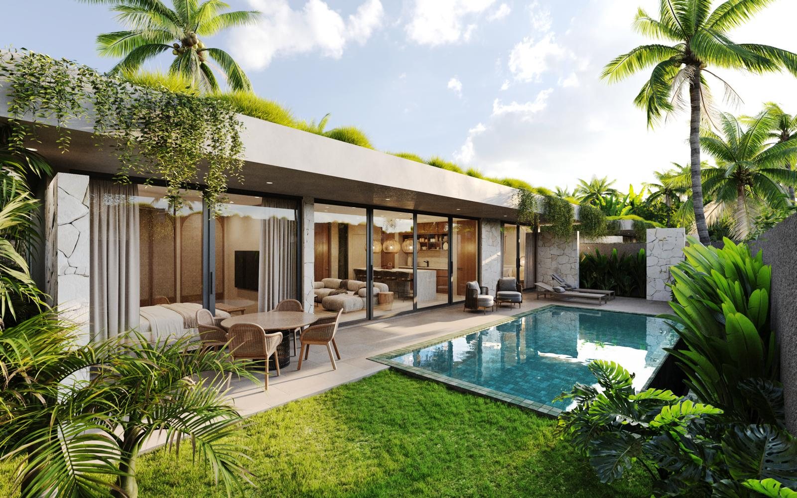 Living pavilion opening full width onto the pool deck