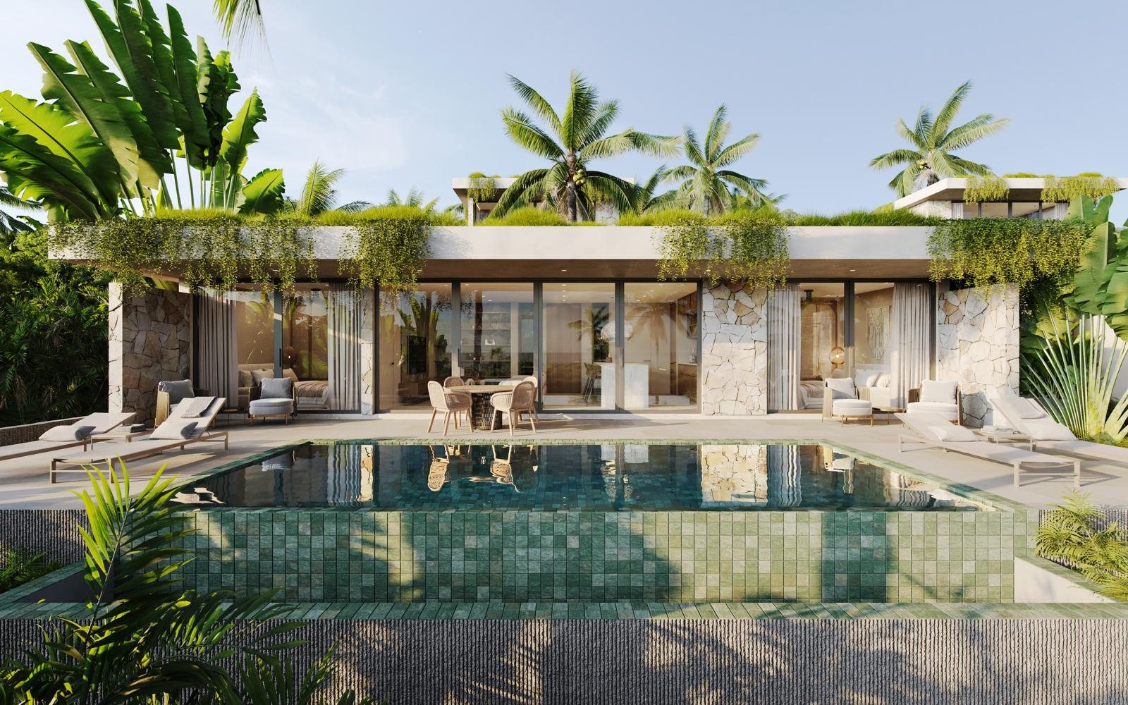 Pool and covered terrace with dining and lounge areas