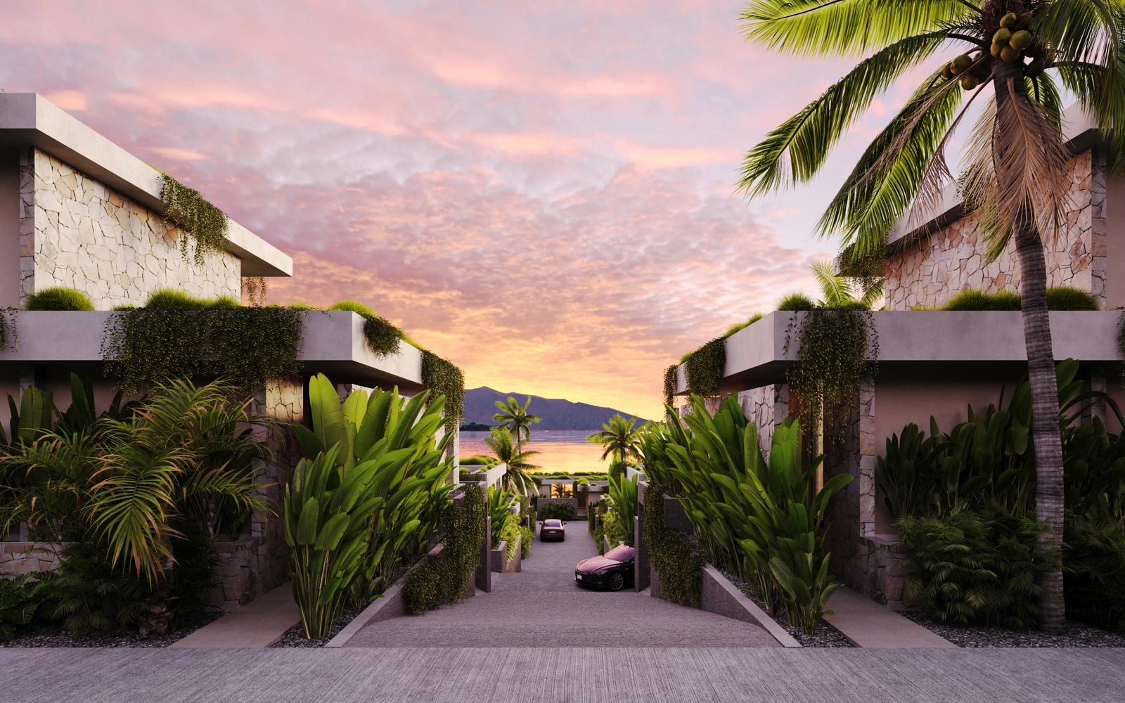 Walkway between two villas at sunset, planted roofs above