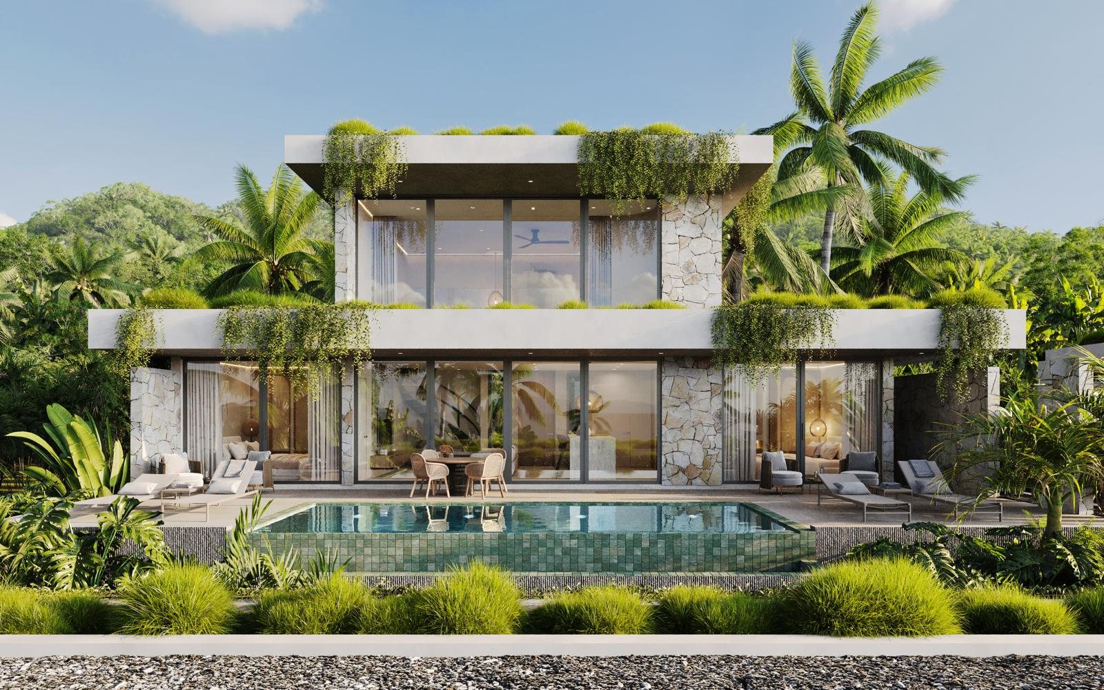 Two-level sea-view villa above its pool and garden
