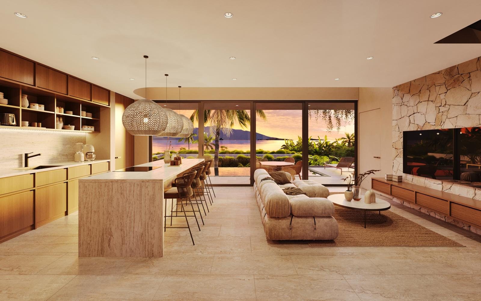 Living room and kitchen with the sea beyond the terrace