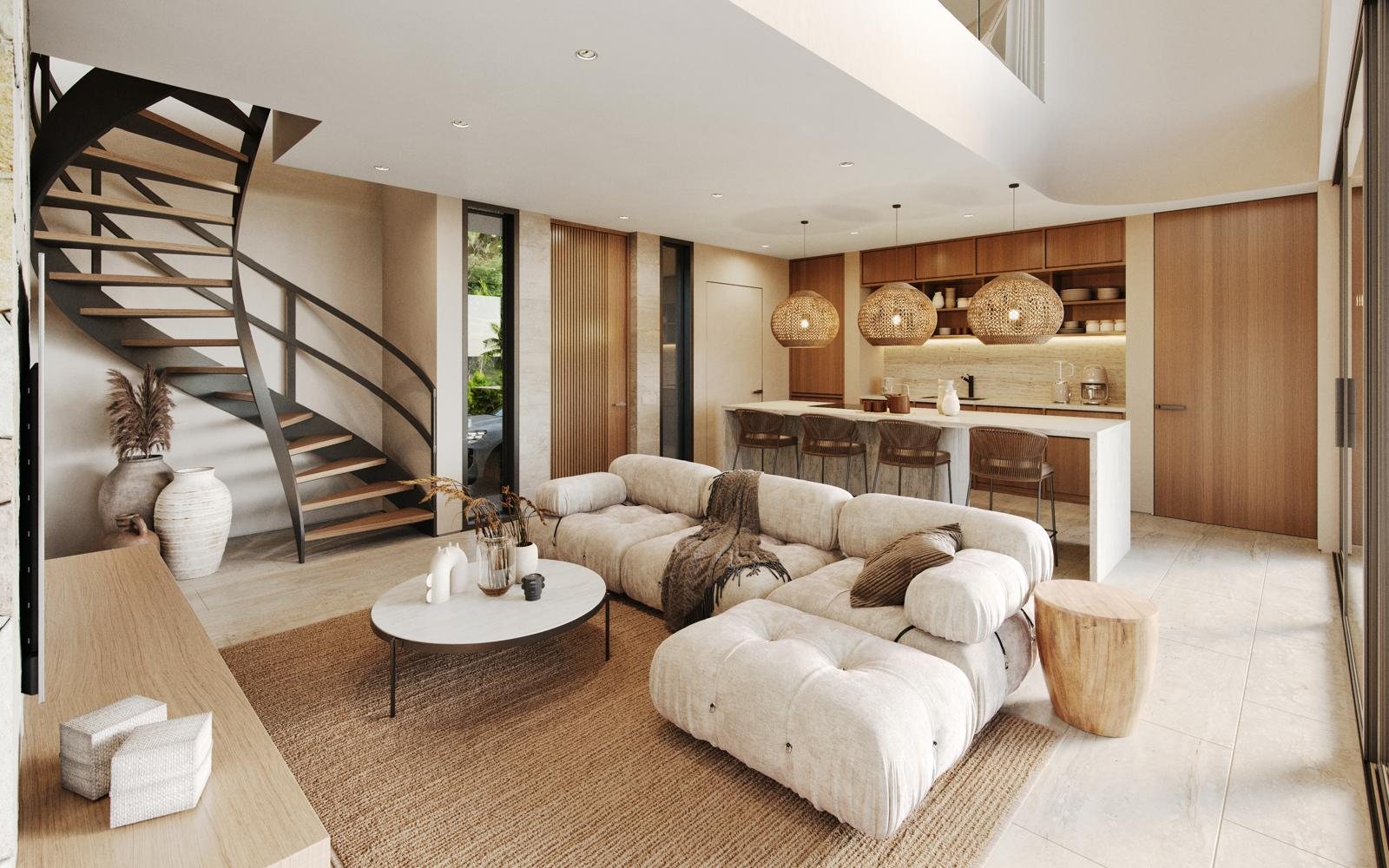Living room of the two-level villa with a sculptural staircase