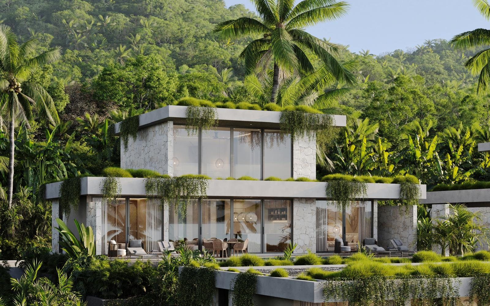 Villa exterior among the palms, planted roof and stone walls