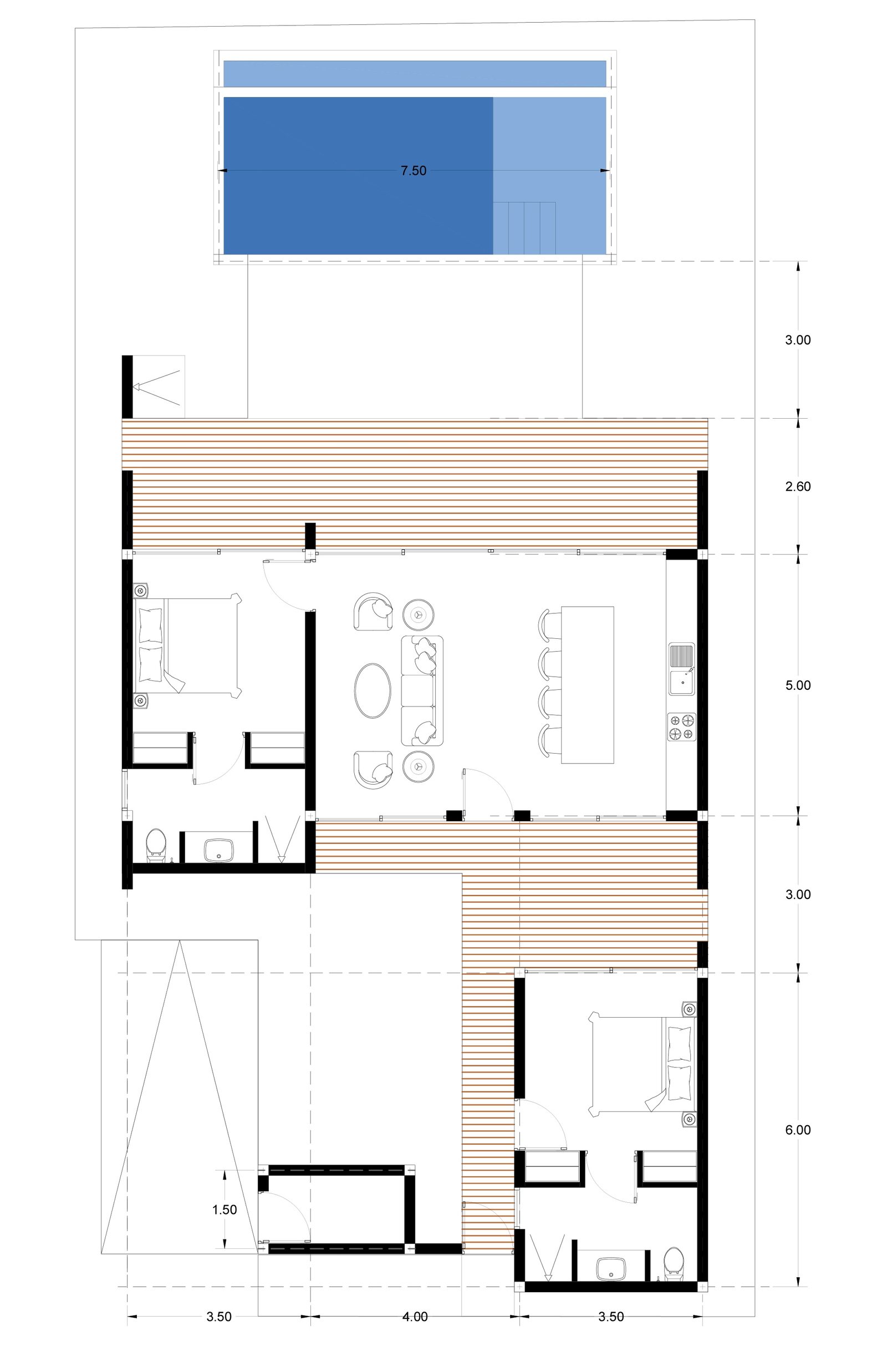 Floor plan of a two-bedroom single-level villa with pool