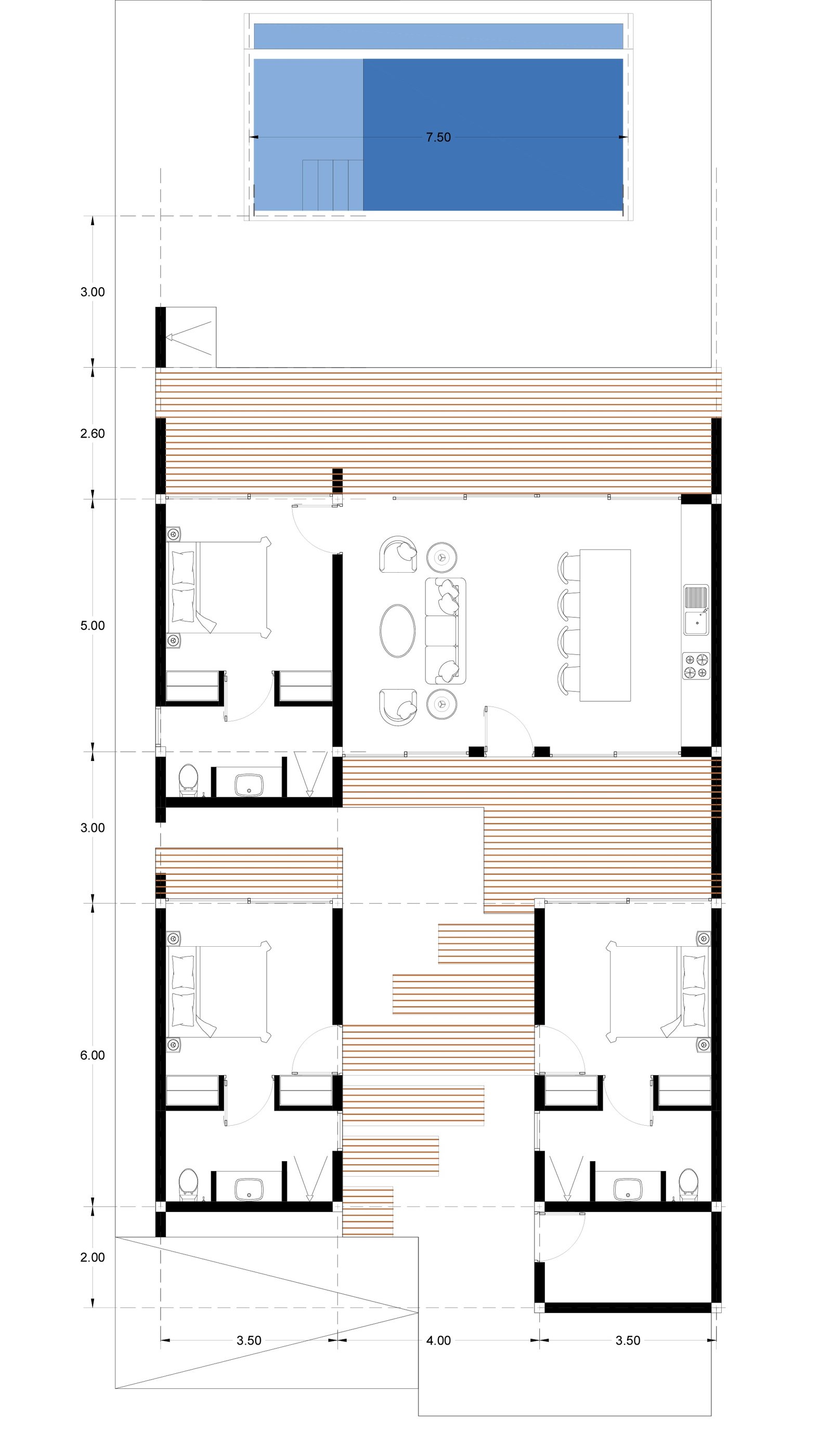 Floor plans of the two-level three-bedroom sea-view villa