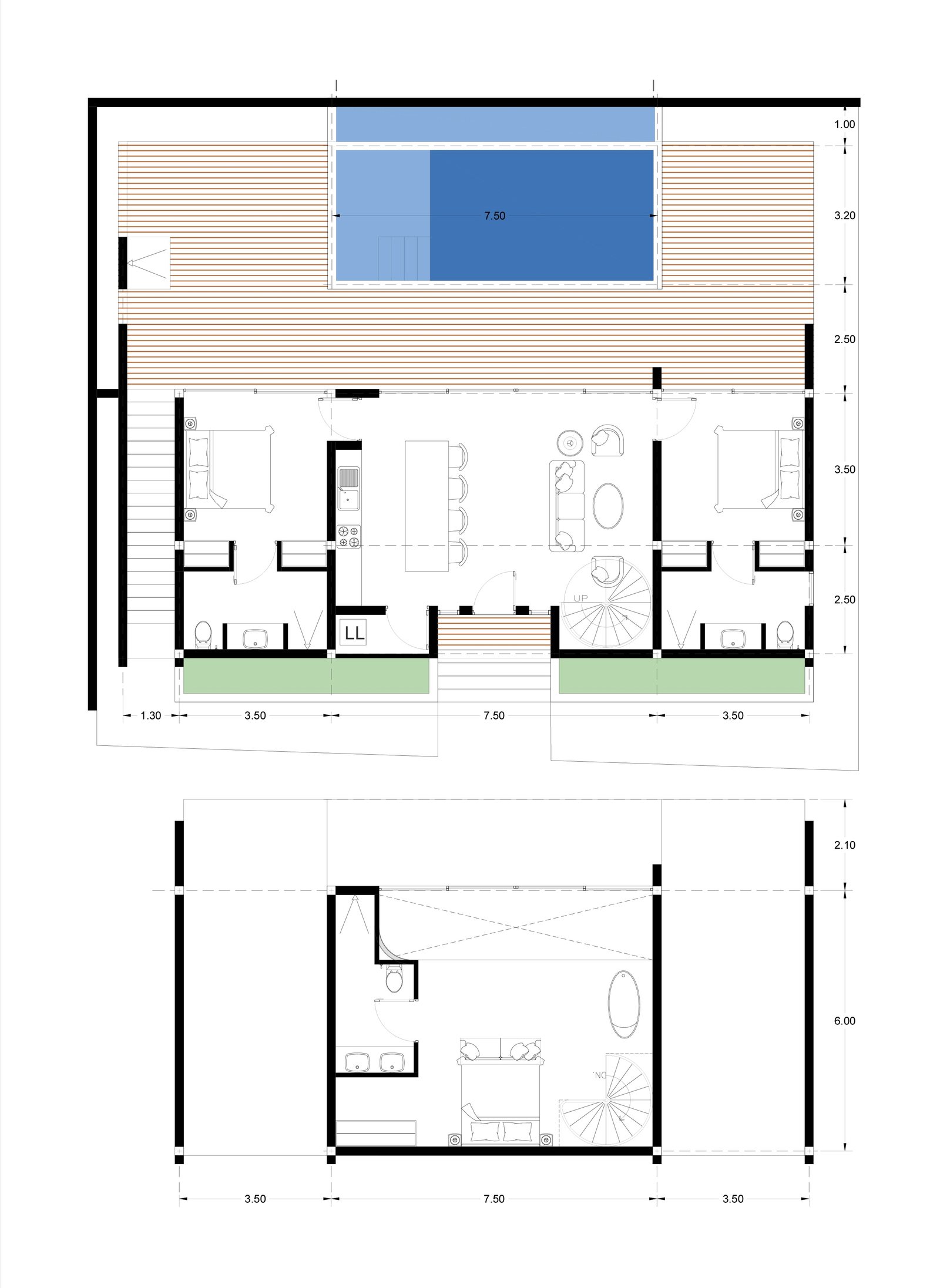 Floor plan of a three-bedroom single-level beachfront villa