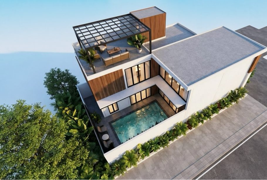 Design render: the villa from above, private pool and roof terrace