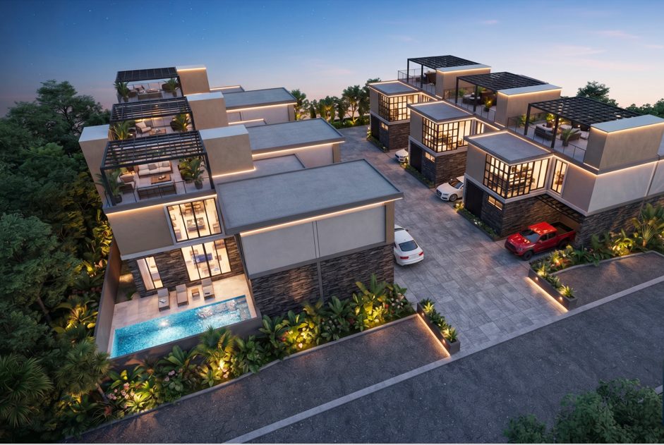 Design render: the six villas at dusk