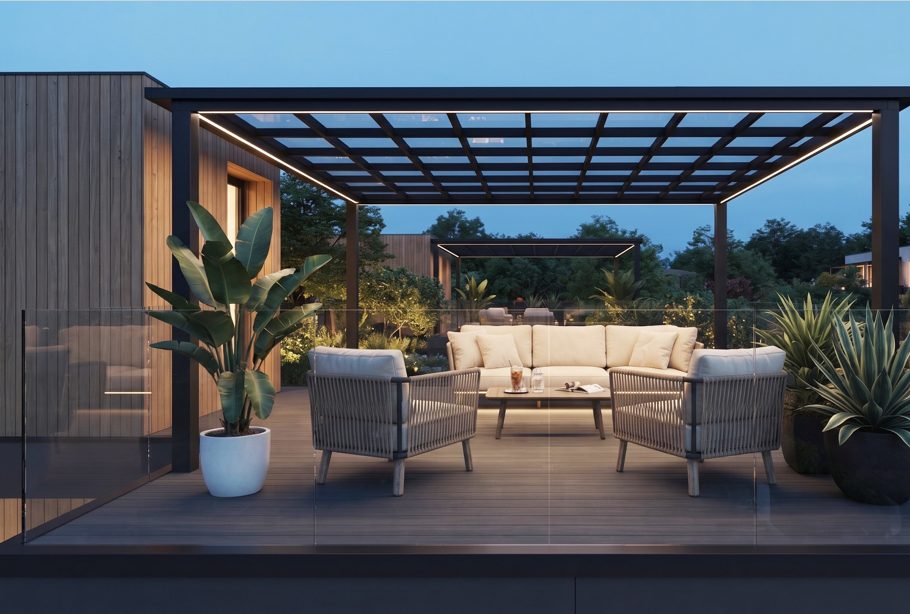 Design render: the roof terrace under its pergola