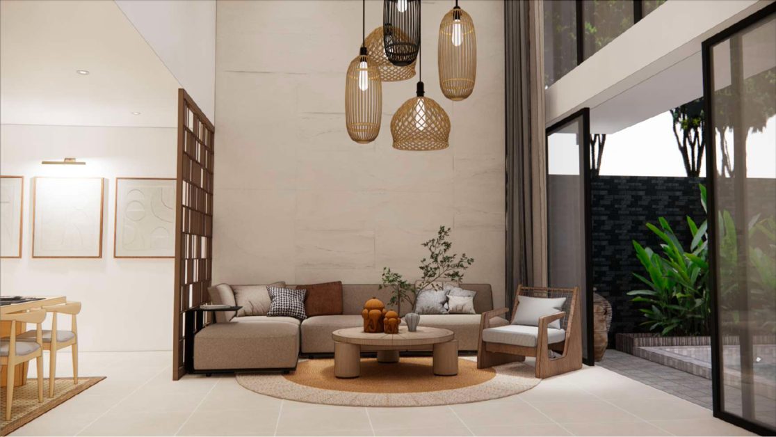 Design render: the entrance hall and sitting area