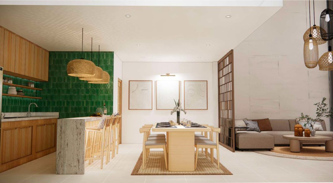 Design render: kitchen, dining and living room