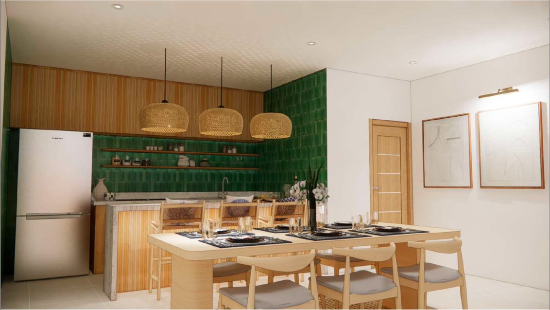 Design render: the green-tiled kitchen and the dining table