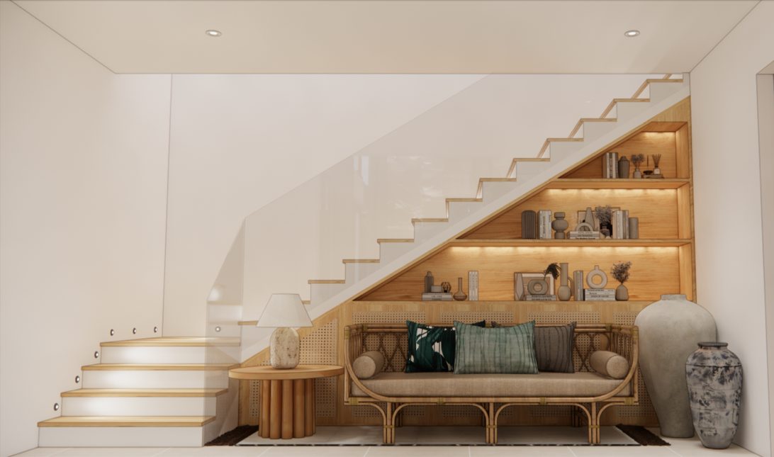 Design render: the staircase with a reading nook beneath it