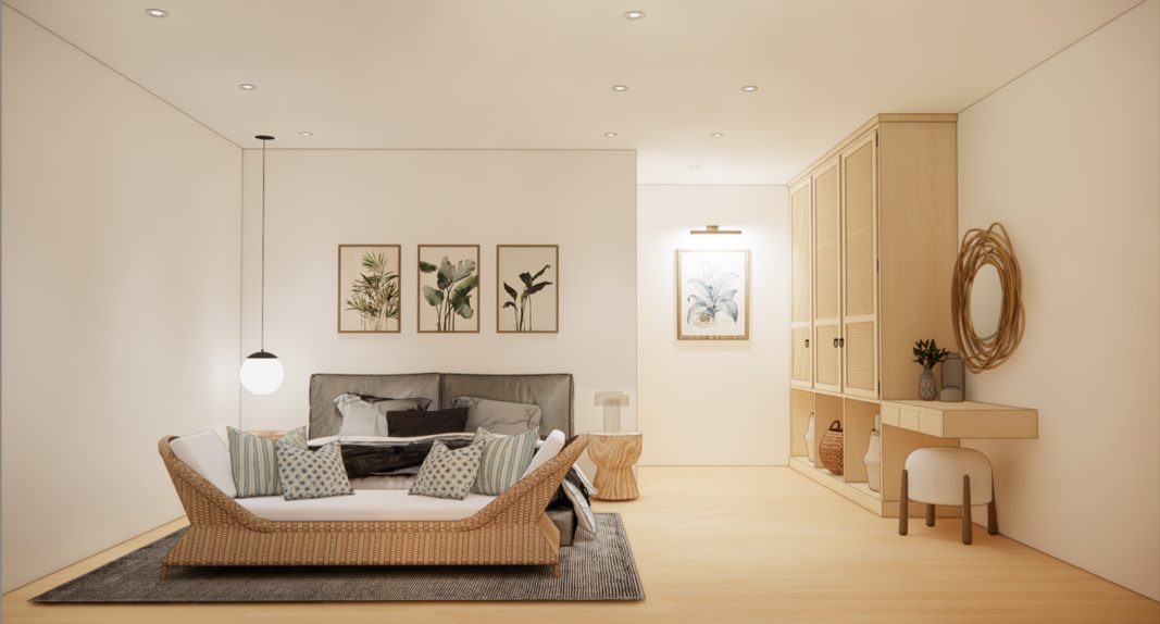 Design render: bedroom with a daybed by the window