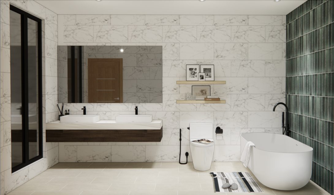 Design render: bathroom with a freestanding bath