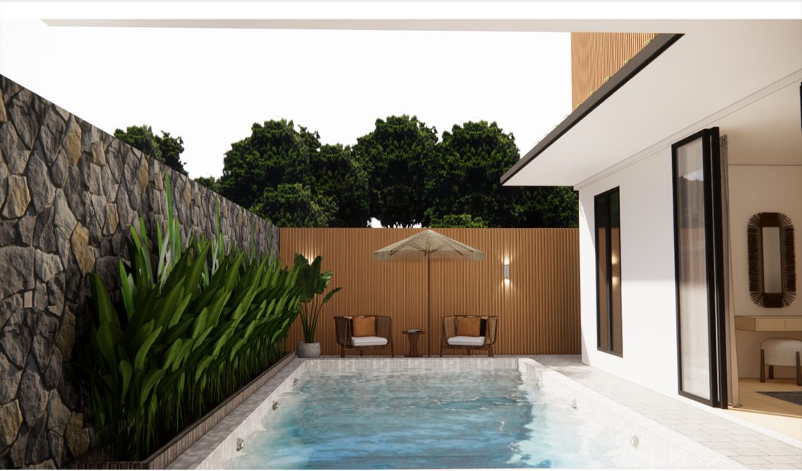 Design render: the private pool against the stone garden wall