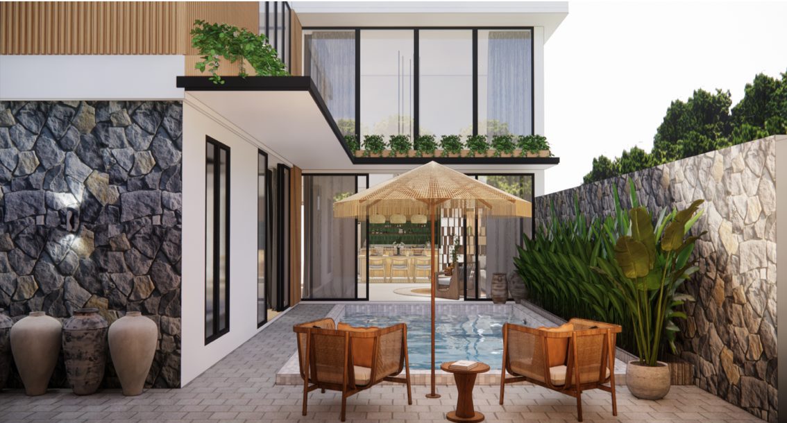 Design render: the pool terrace and the stone facade