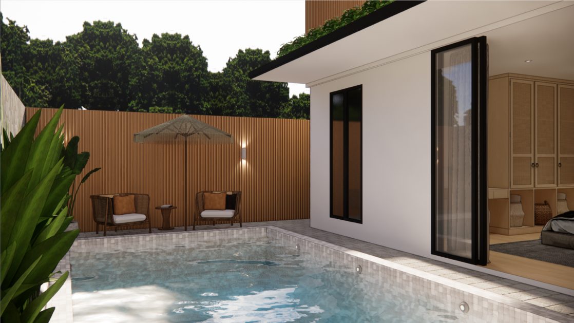 Design render: pool, parasol and terrace