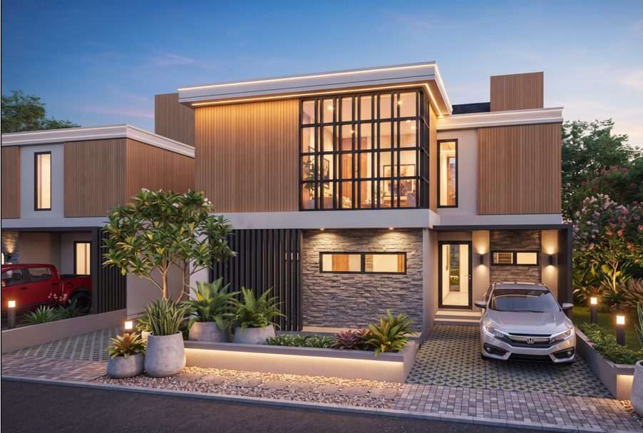 Design render: the villa from above, private pool and roof terrace