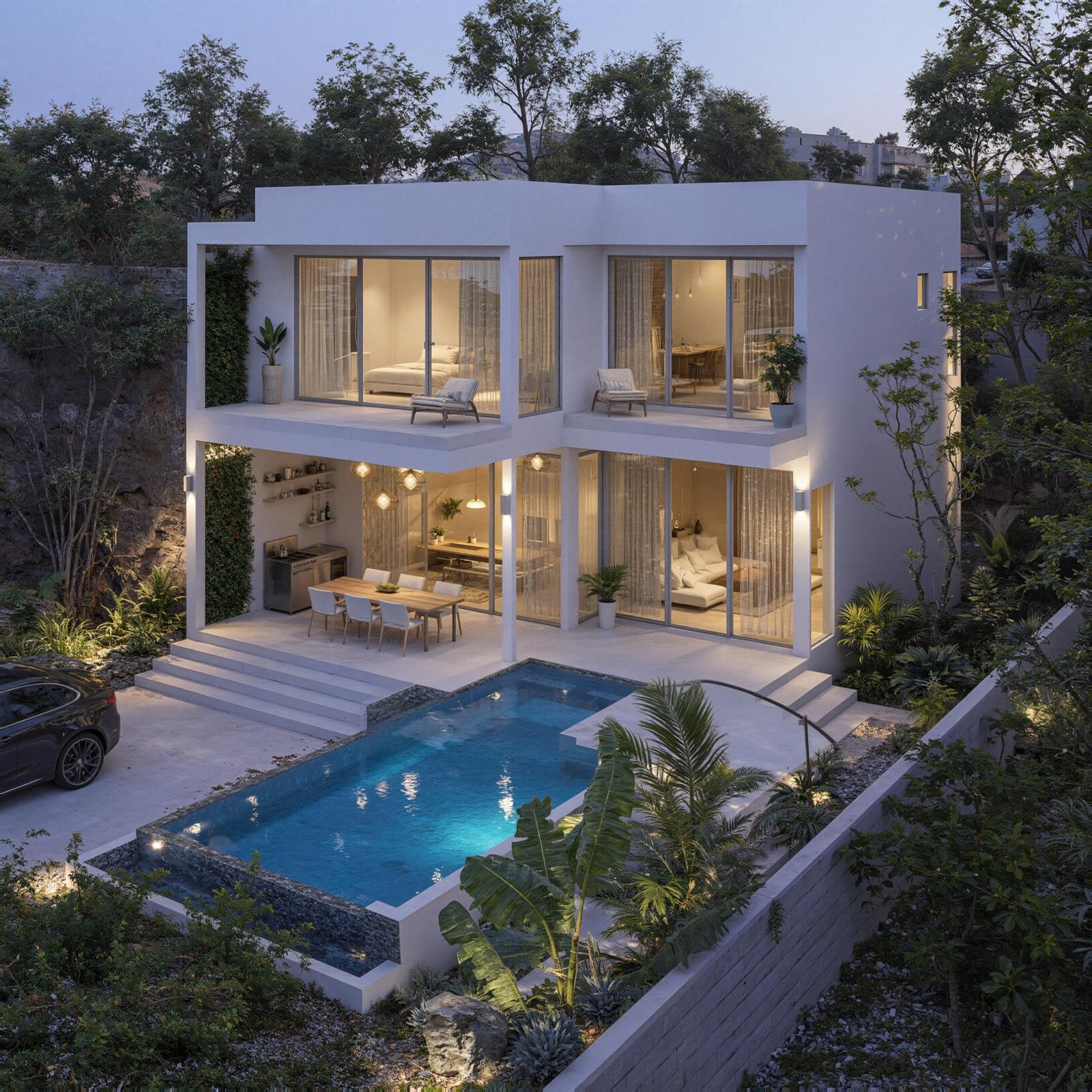A villa at dusk, pool and terrace lit