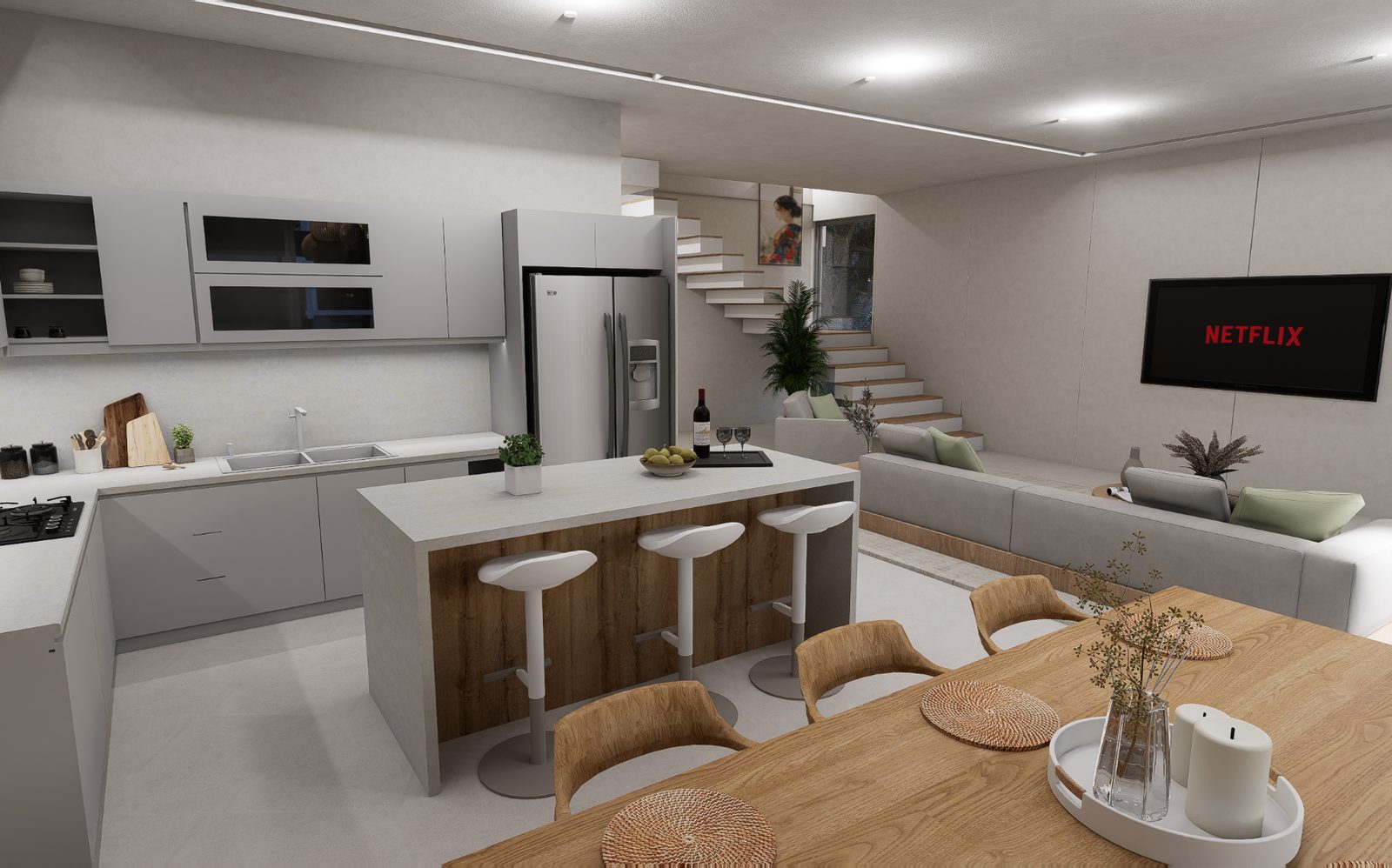 Kitchen with an island and the stair beyond