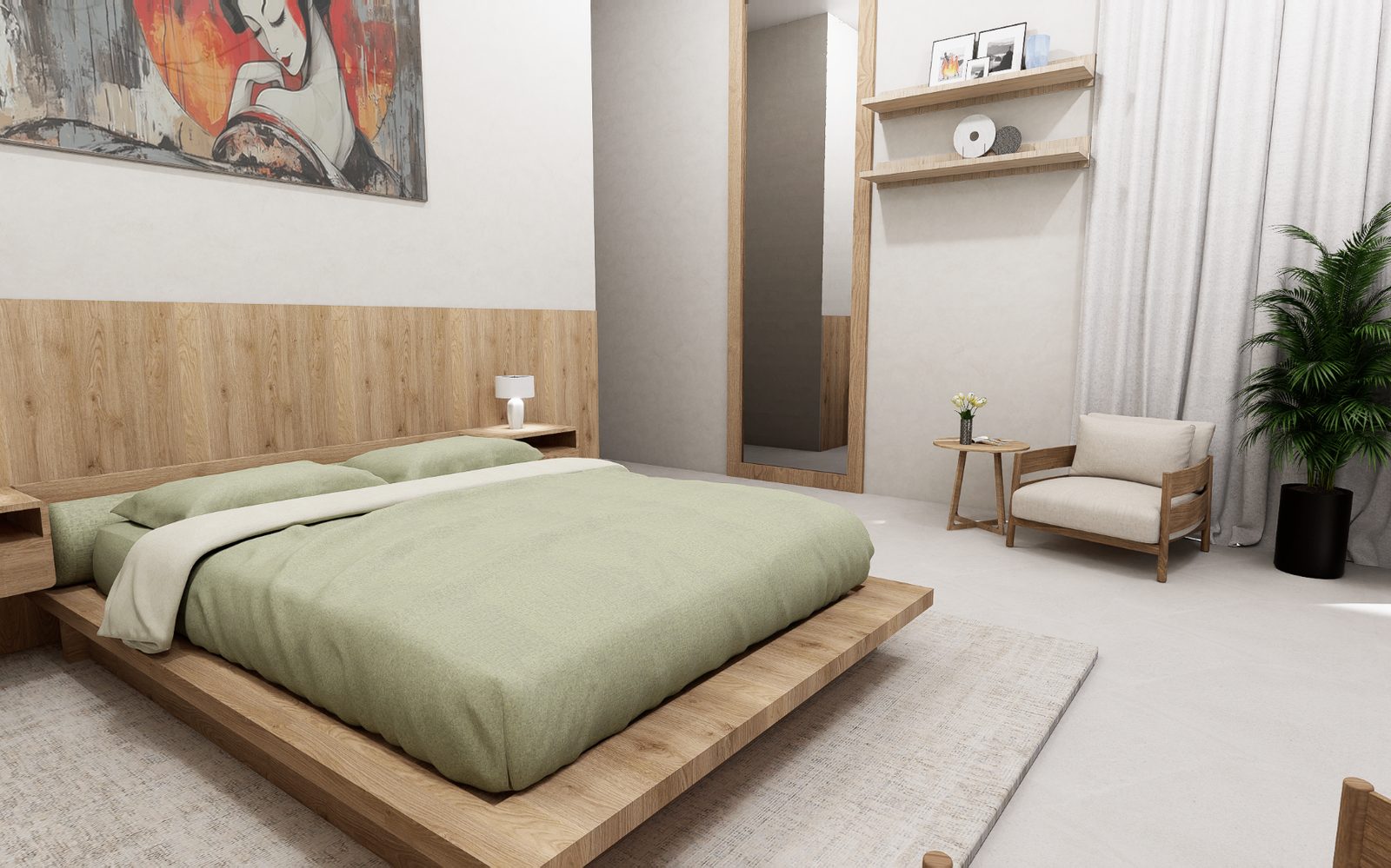 A bedroom with a timber headboard wall