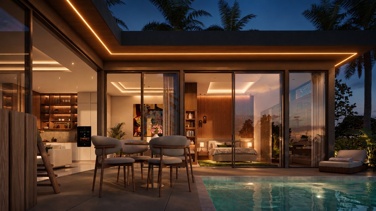 A two-bedroom villa and its pool at dusk, the living room open to the terrace