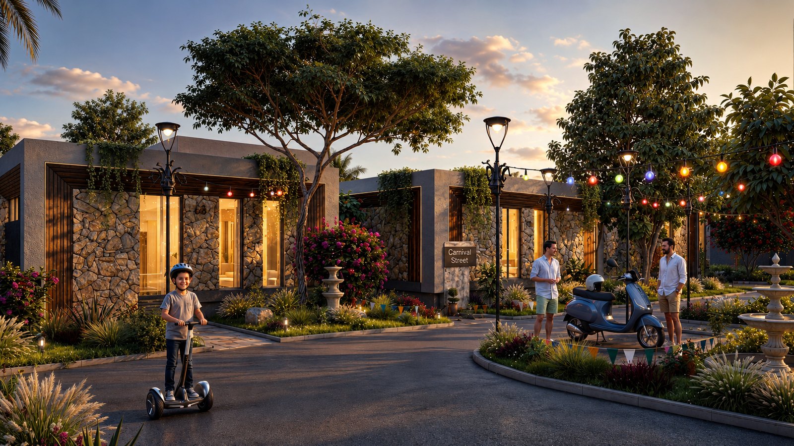 One of the lanes in the evening, lamps lit and villas set back behind planting