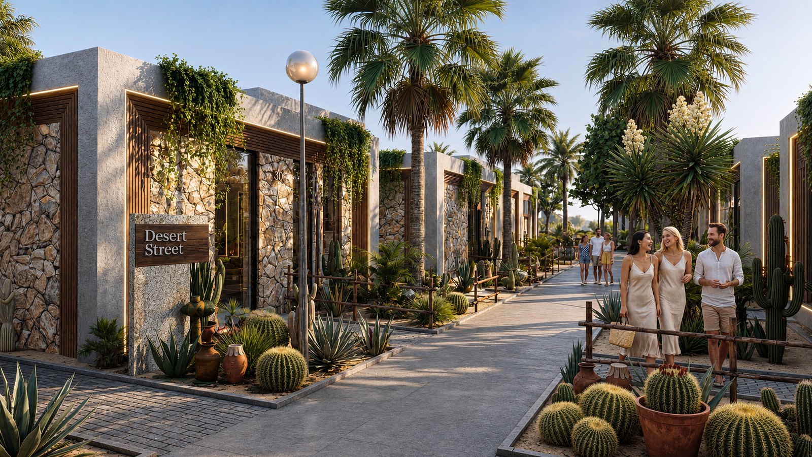 A second lane by day, with its own planting scheme and stone facades