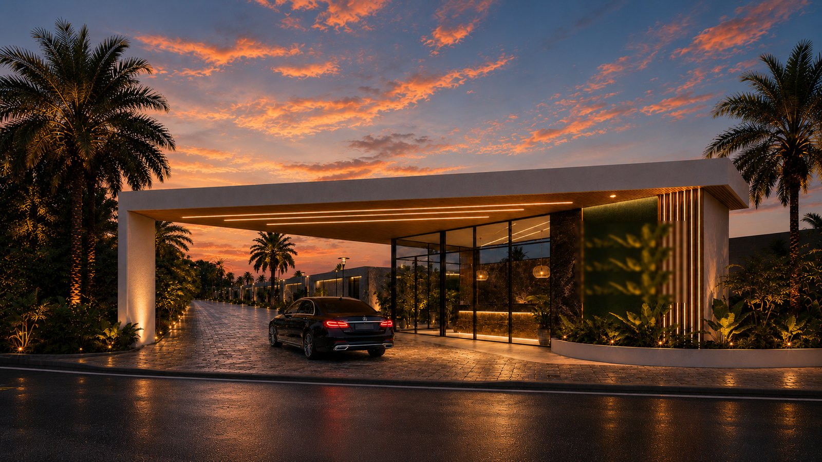 The reception pavilion at the entrance, seen at sunset