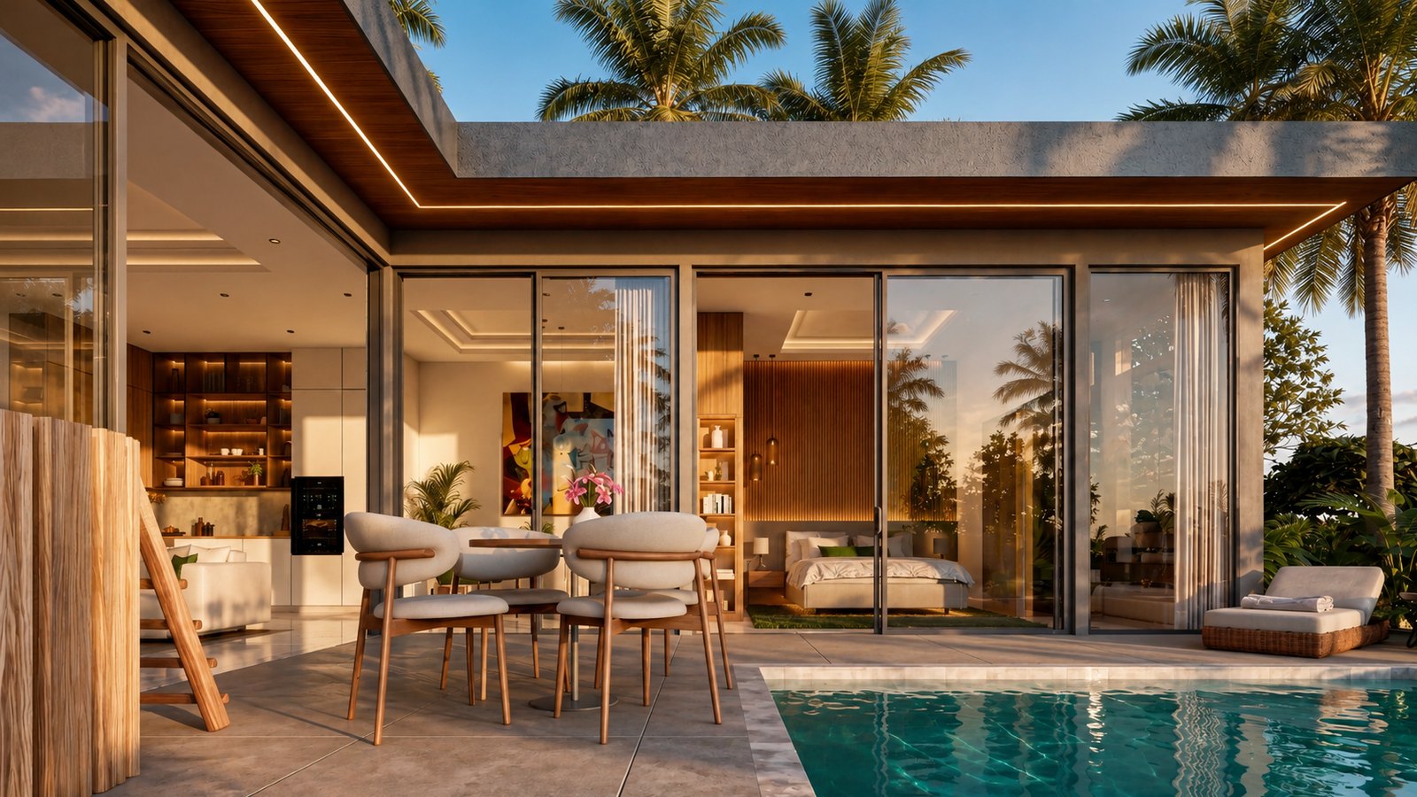 The pool terrace of a villa, with the bedroom opening onto it