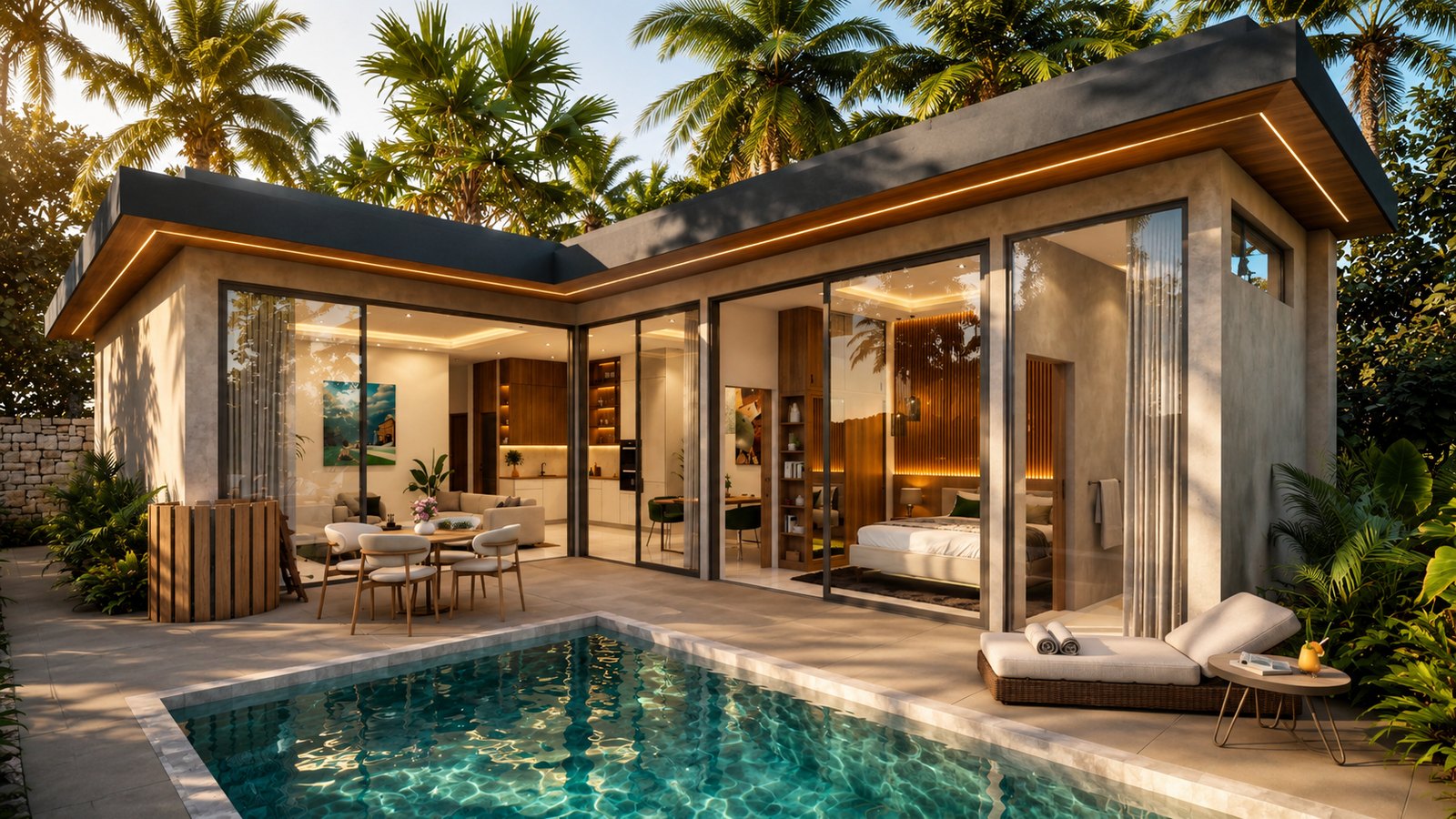 A villa seen across its pool in daylight, palms behind