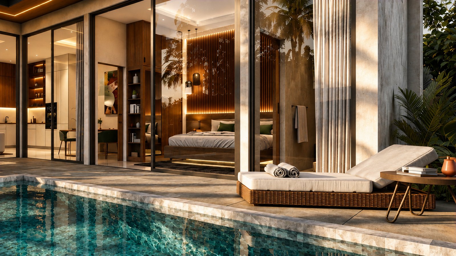 Living room looking out through full-height glass to the pool