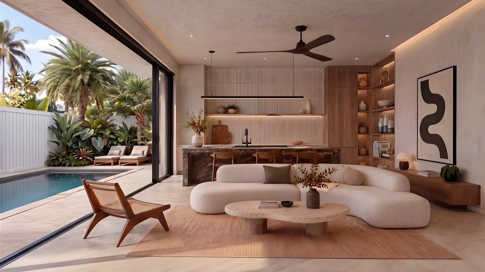 Living area of a one-bedroom villa, timber panelling and cove lighting