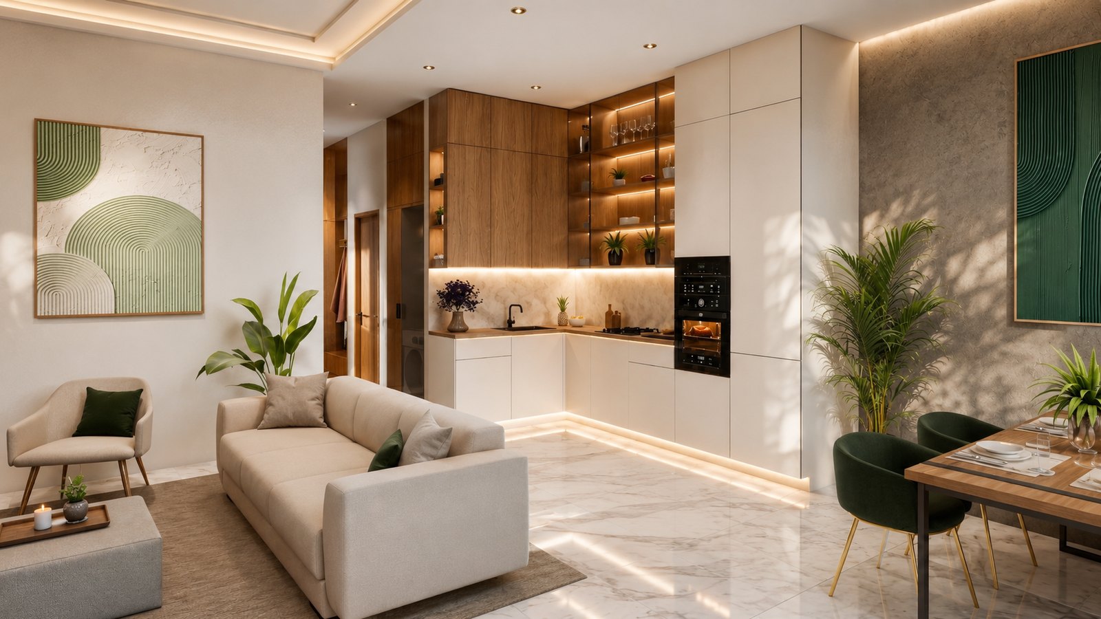 Kitchen and dining area with fitted appliances and stone surfaces