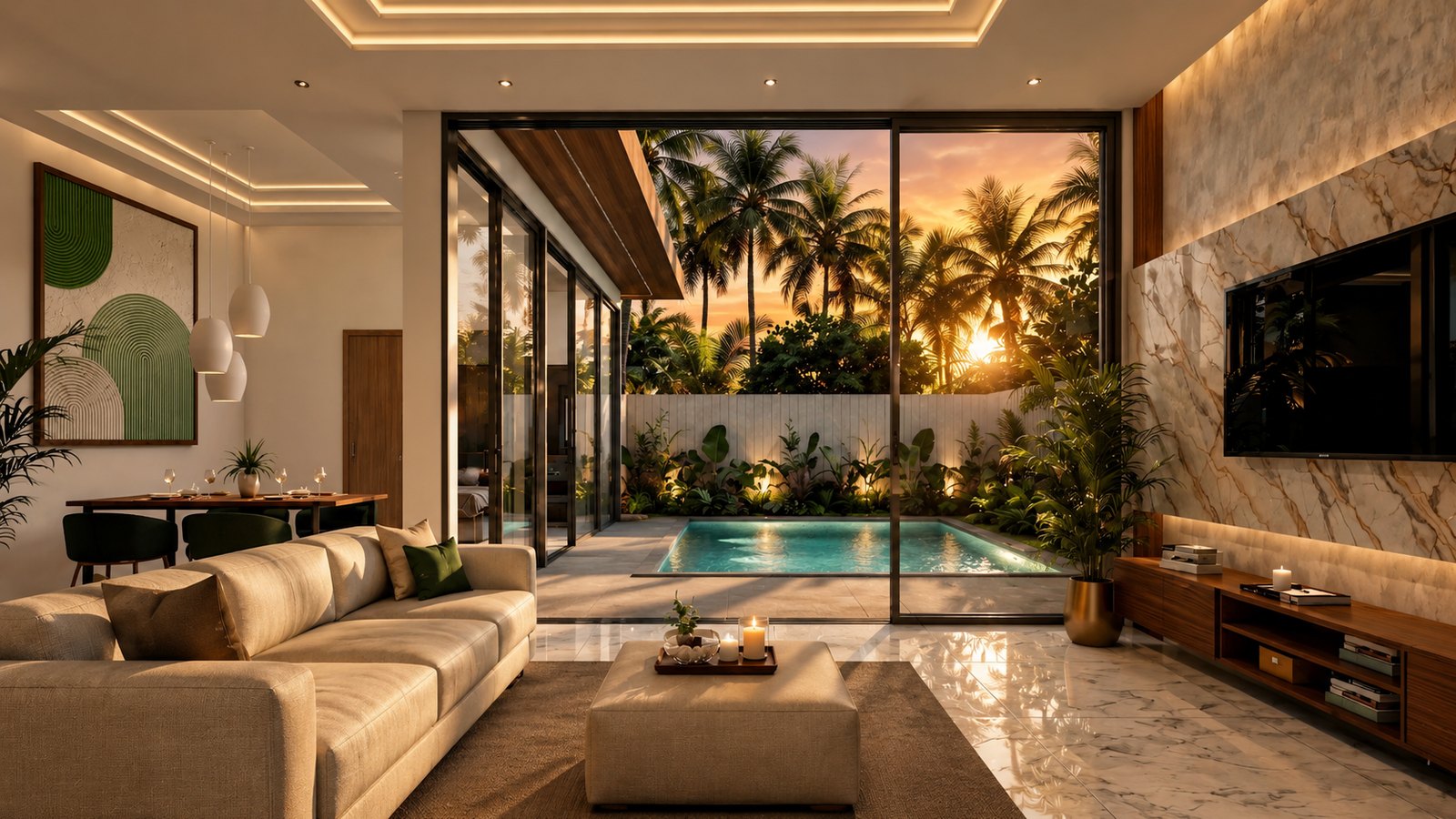 Living room of a two-bedroom villa at dusk, pool beyond the glass