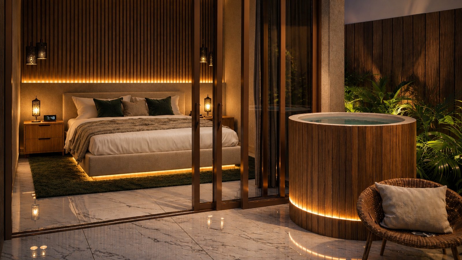 Bedroom of a one-bedroom villa, panelled wall and integrated lighting