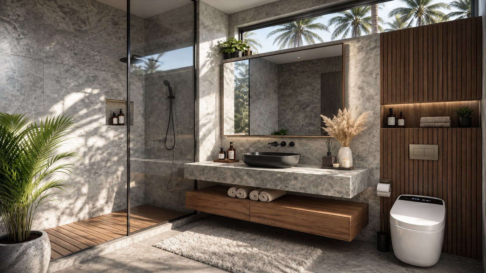 Bathroom with rain shower, stone basin and smart WC