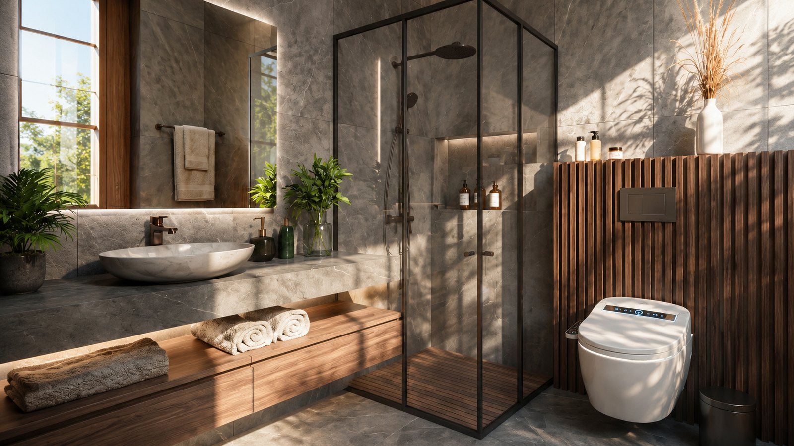 Bathroom of a one-bedroom villa, walk-in shower behind glass