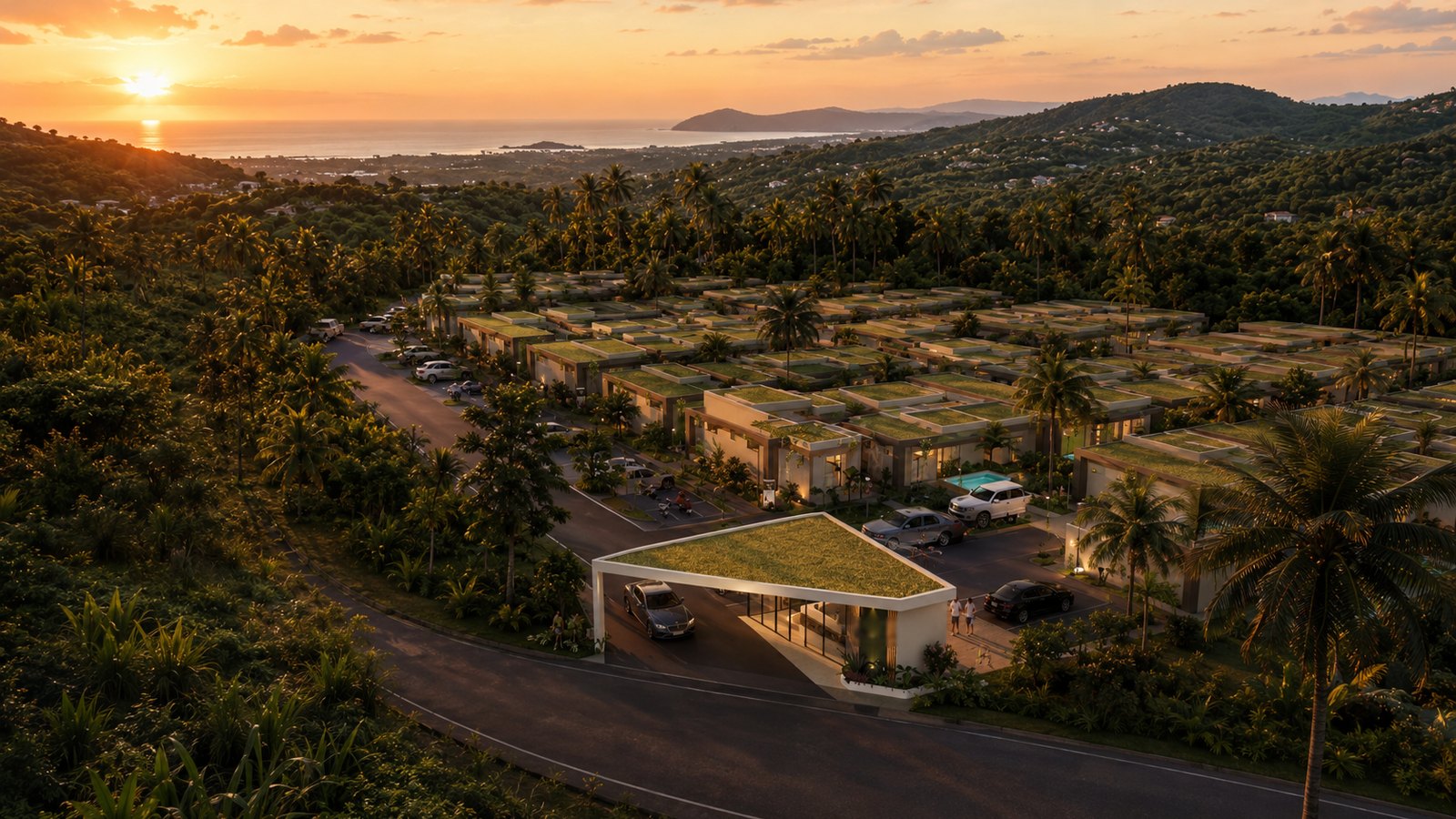 The estate from the air at sunset, the coast and the sea beyond